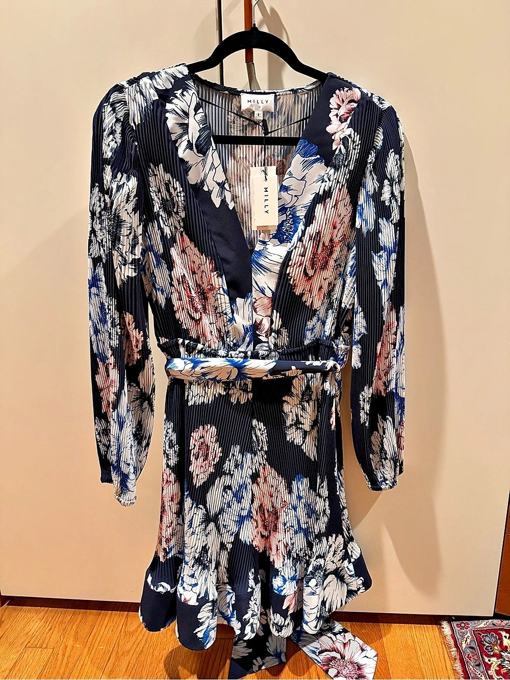 Milly Liv Long Sleeve Pleated Minidress Floral Mini Dress Blue & White Small